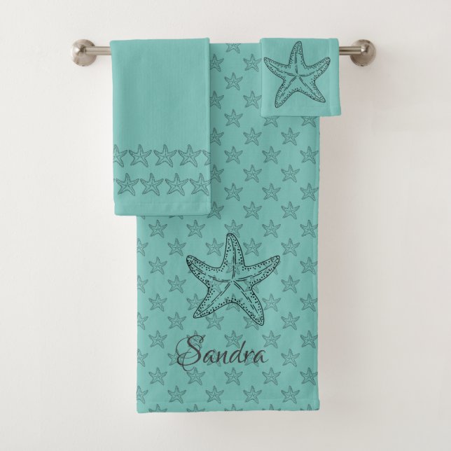 Custom Black Teal Chic Beach house Starfish  Bath Towel Set (Insitu)