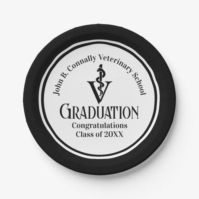 Custom Black Veterinary School Graduation Party Paper Plate (Front)