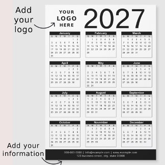Custom Black White 2027 Calendar & Business Logo
