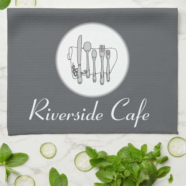 Custom Black, White and Grey on Grey Silverware Kitchen Towel (Folded)