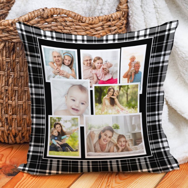 Custom Black White Buffalo Check Tartan 7 Photo Throw Pillow (Black and white buffalo plaid checkered 7-photo decorator pillow. Printed on both sides.)