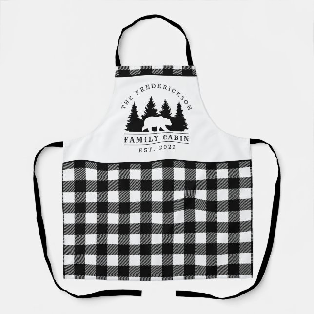 Custom Black White Buffalo Plaid Family Cabin Apron (Front)