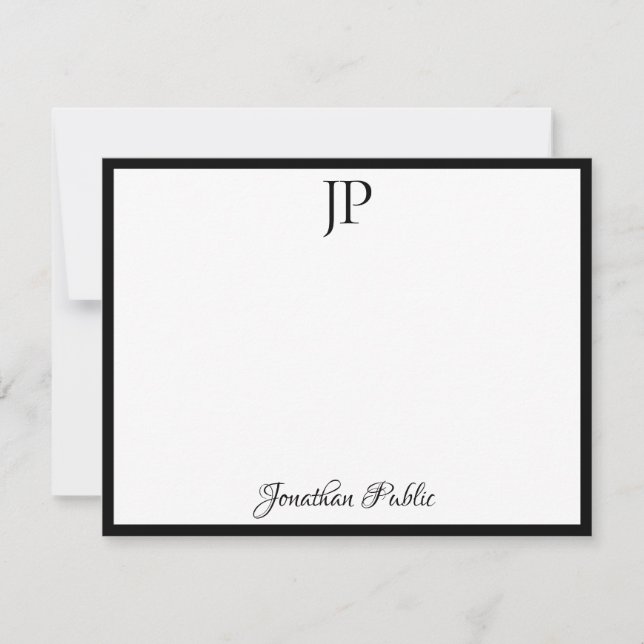 Custom Black White Calligraphy Script Monogram Card (Front)