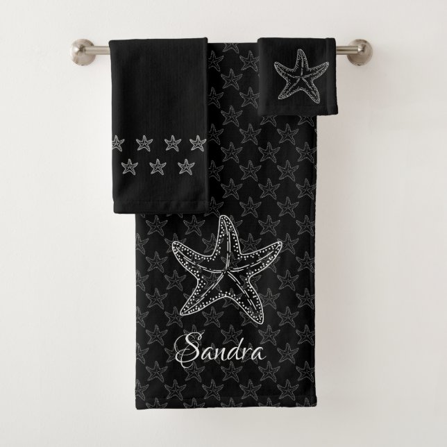 Custom Black White Chic Beach house Starfish  Bath Towel Set (Insitu)