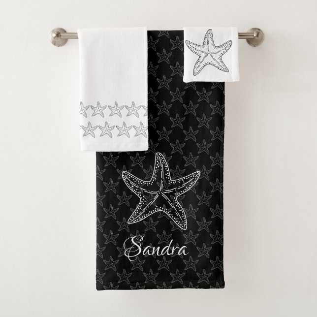 Custom Black White Chic Beach house Starfish  Bath Towel Set (Insitu)