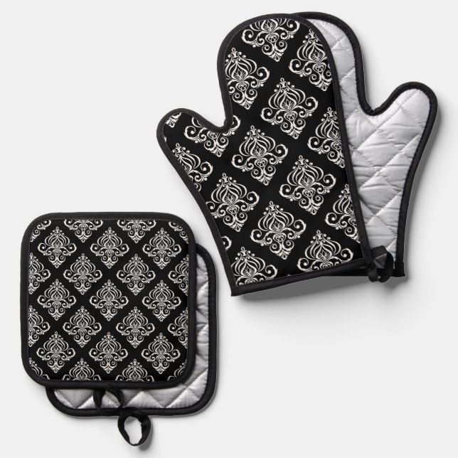 Custom Black & White Damask Pattern Oven Mitt & Pot Holder Set (Front/Back)