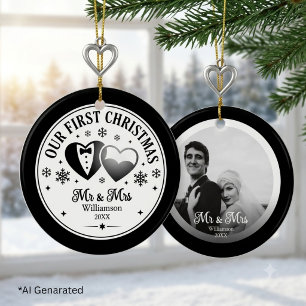 Custom Black White Elegant First Christmas Photo Ceramic Ornament