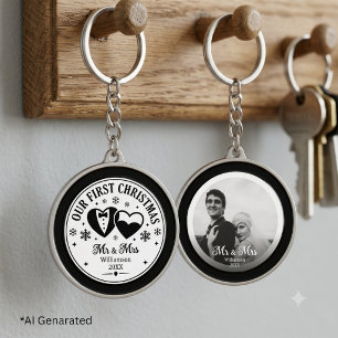Custom Black White Elegant First Christmas Photo Keychain