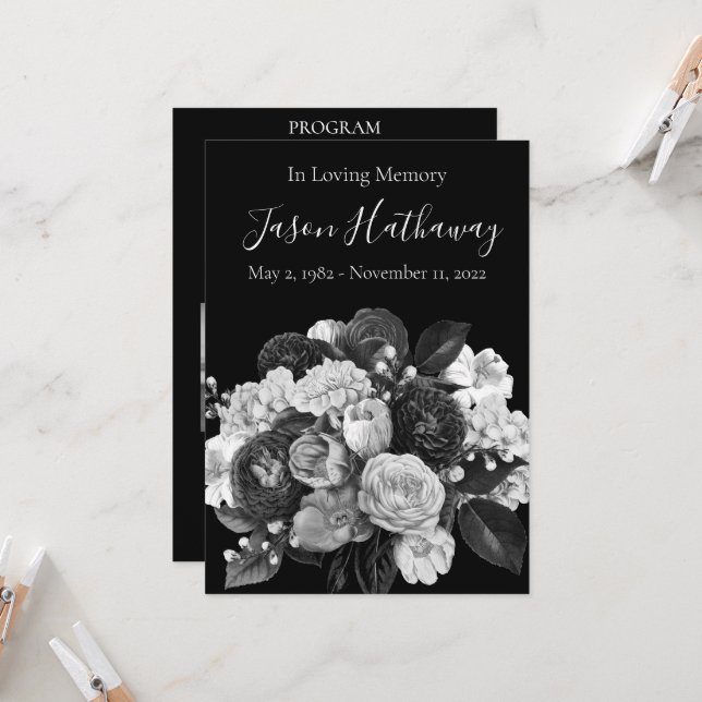 Custom Black & White Floral Memorial Program (Front/Back In Situ)