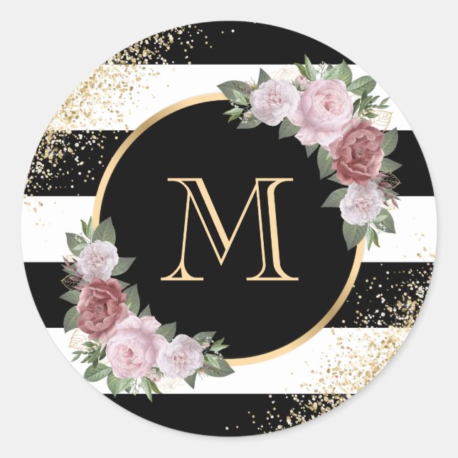 Custom Black White Gold Blush Pink Floral Monogram Classic Round Sticker (Front)