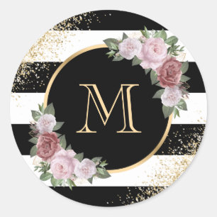 Custom Black White Gold Blush Pink Floral Monogram Classic Round Sticker