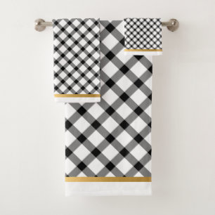 CUSTOM BLACK WHITE GOLD CHECK BATHROOM TOWEL SET