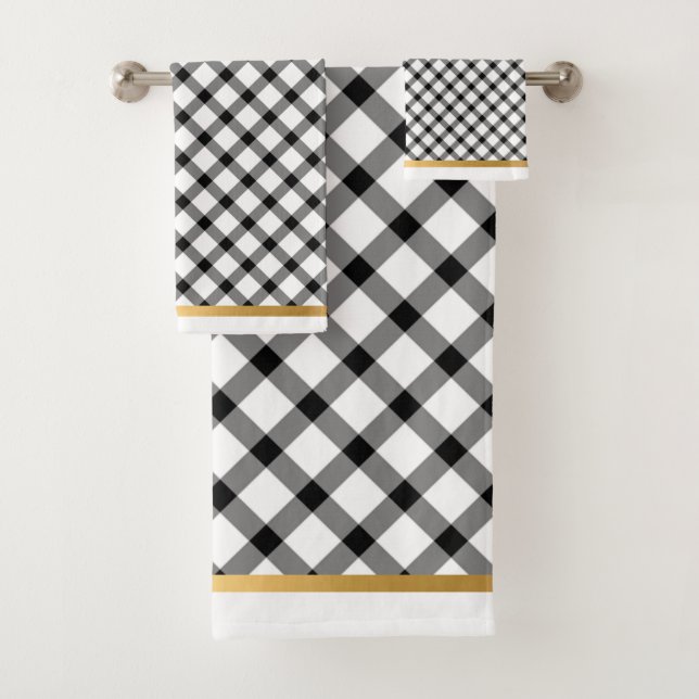 CUSTOM BLACK WHITE GOLD CHECK BATHROOM TOWEL SET (Insitu)