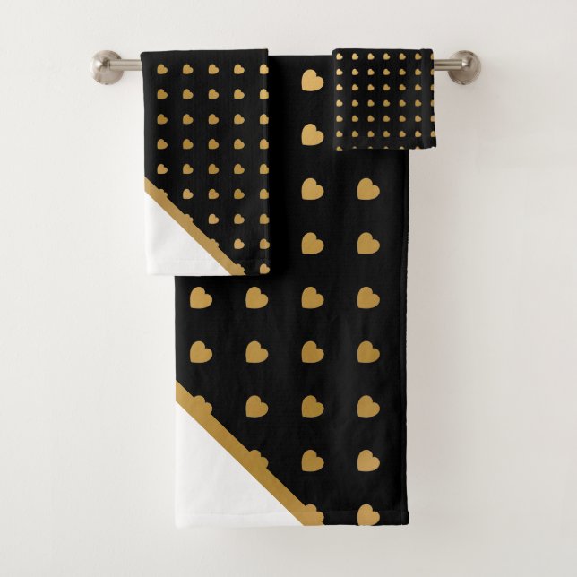 CUSTOM BLACK WHITE GOLD HEARTS BATHROOM TOWEL SET (Insitu)