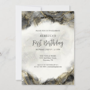 Custom Black & White Gold Marble Glitter Monogram Invitation