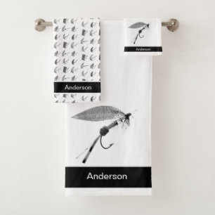 Custom Black White Grey Fly Fishing Flies Coastal Bath Towel Set