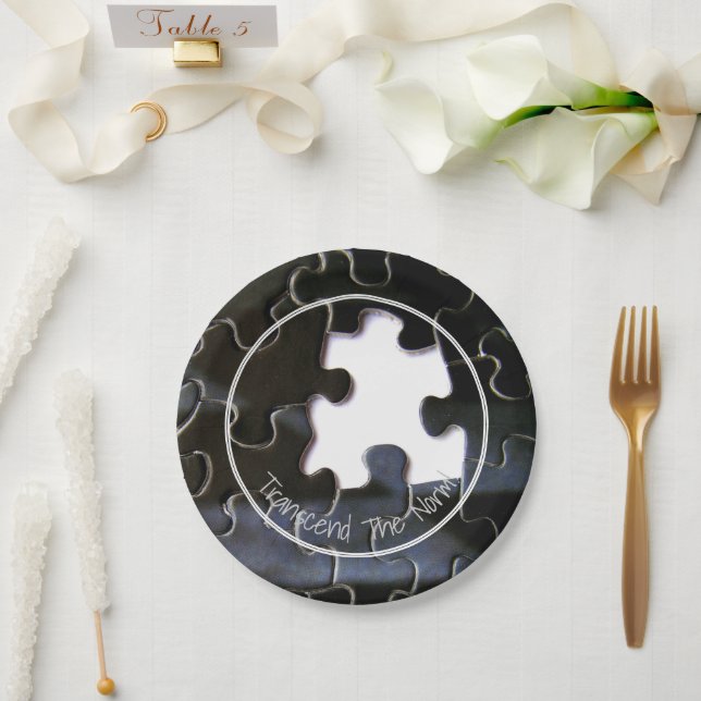 Custom Black White Missing Puzzle Piece Photo Paper Plate (Wedding)