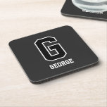 Custom Black White Personalized Monogram For Him Coaster<br><div class="desc">Made for him. Bold and seemingly simple. Seemingly simple but this design has many layers and specific characteristics that make it unique. Classic and bold sports font for the monogram in black and white outline. Personalization in the same font in white with a black drop shadow to add depth. All...</div>