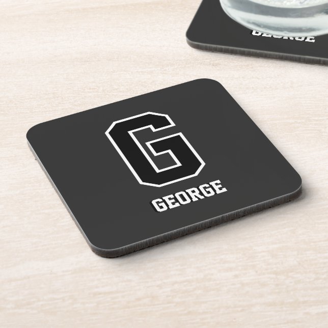 Custom Black White Personalized Monogram For Him Coaster (Left Side)