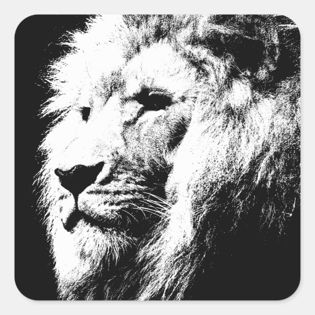 Custom Black White Pop Art Lion Head Trendy Square Sticker (Front)