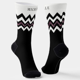 Custom Black White Purple Glitter Chevron Pattern Socks