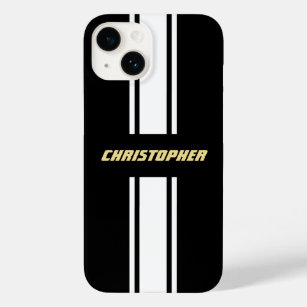 Custom Black White Racing Stripes Gold Monogrammed Case-Mate iPhone 14 Case