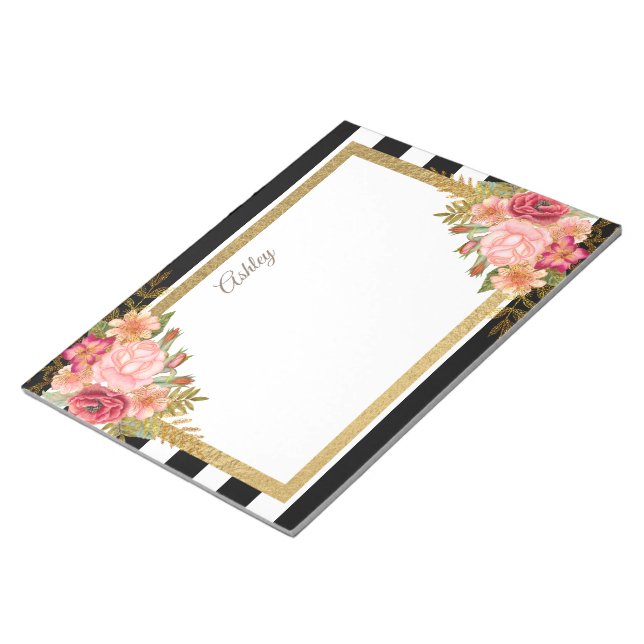 Custom Black White Stripes Pink Gold Floral Notepad (Angled)