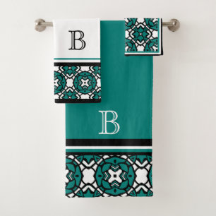 Custom Black White Teal Green Oriental Mosaic Art Bath Towel Set