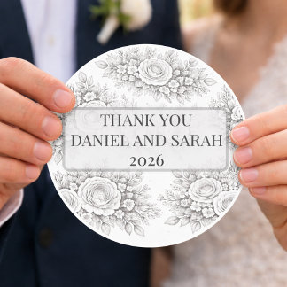 Custom Black White Thank You Floral Sticker
