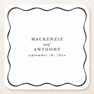 Custom Black & White Wavy Frame Wedding Whimsical Square Paper Coaster