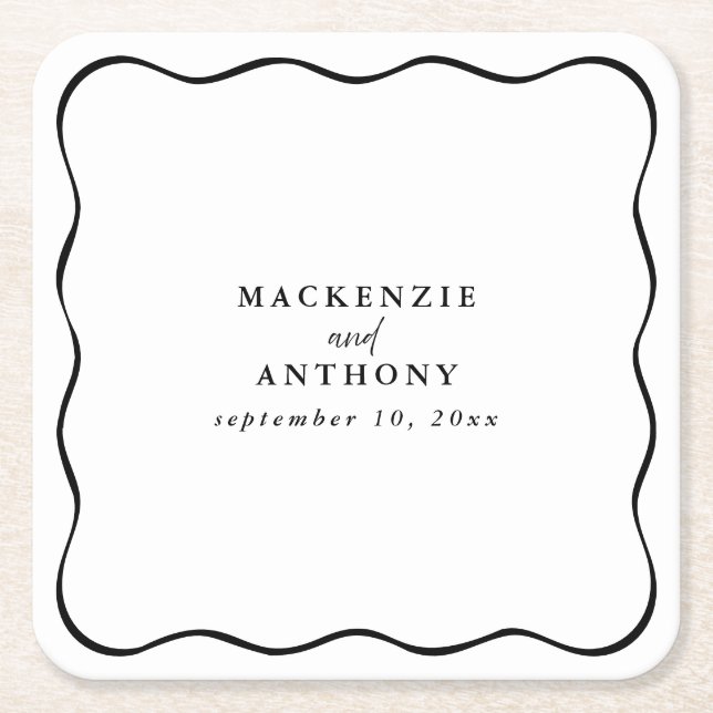 Custom Black & White Wavy Frame Wedding Whimsical Square Paper Coaster (Front)