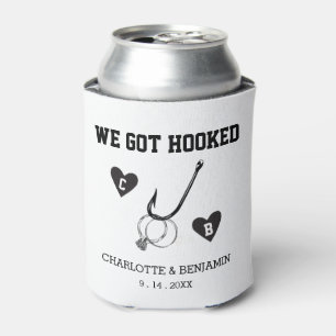 Custom Black & White We Got Hooked Wedding Can Cooler