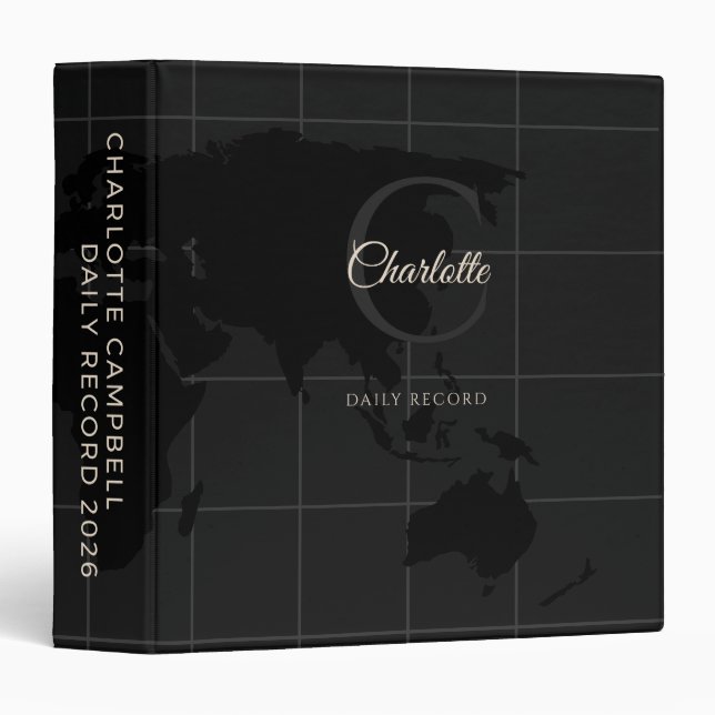 Custom Black White World Map Monogram Name Binder (Front/Spine)