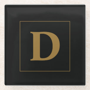 Custom Black With Gold Family Initial Glass Coaster