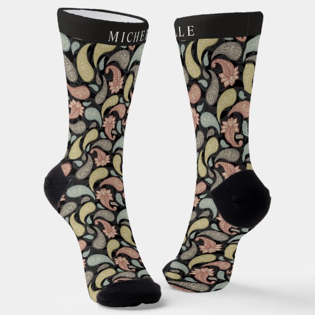Custom Black Yellow Blue Pink Paisley Pattern Socks (Angled)