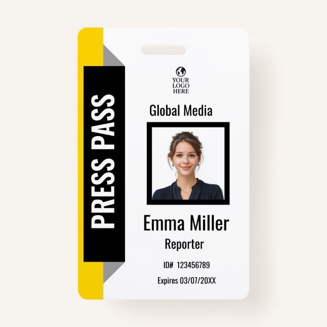 Custom Black & Yellow Media Pass | Press ID  Badge (Front)