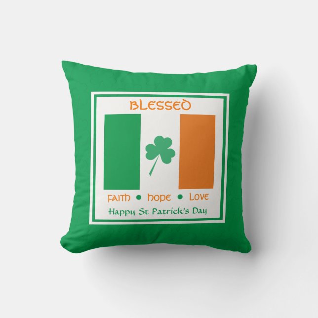 Custom BLESSED Irish Flag St Patricks Day Throw Pillow (Front)