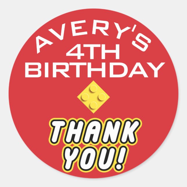 Custom BLOCK PARTY Colourful Bricks Thank You Classic Round Sticker (Front)