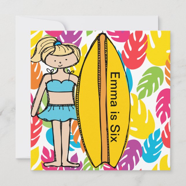 Custom Blonde Girl Surfer Birthday Invites (Front)