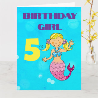 Custom Blonde Hair Mermaid 5th Birthday Girl Card