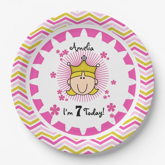 Custom Blonde Princess 7th Birthday Paper Plates (Front)