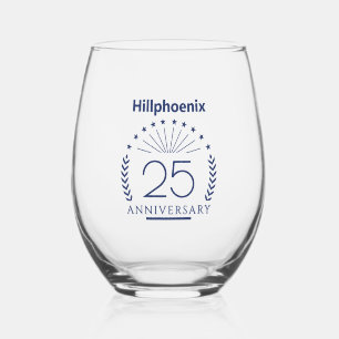 Custom Blue 25th Wedding Anniversary Typograph Stemless Wine Glass
