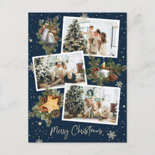 Custom Blue 3 Photo Collage Merry Christmas Postcard
