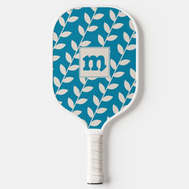 Custom Blue 70s Leaf Pattern Monogram Pickleball Paddle (Front)