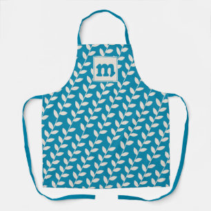 Custom Blue 70s Retro Leaf Pattern Monogram Apron