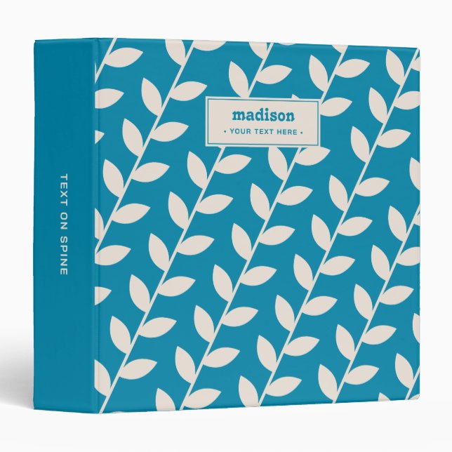Custom Blue 70s Retro Leaf Pattern Monogram Binder (Front/Spine)