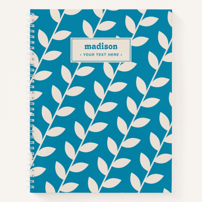 Custom Blue 70s Retro Leaf Pattern Monogram Notebook (Front)