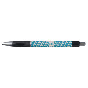 Custom Blue 70s Retro Leaf Pattern Monogram Pen