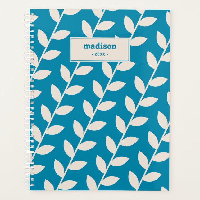 Custom Blue 70s Retro Leaf Pattern Monogram  Planner (Front)