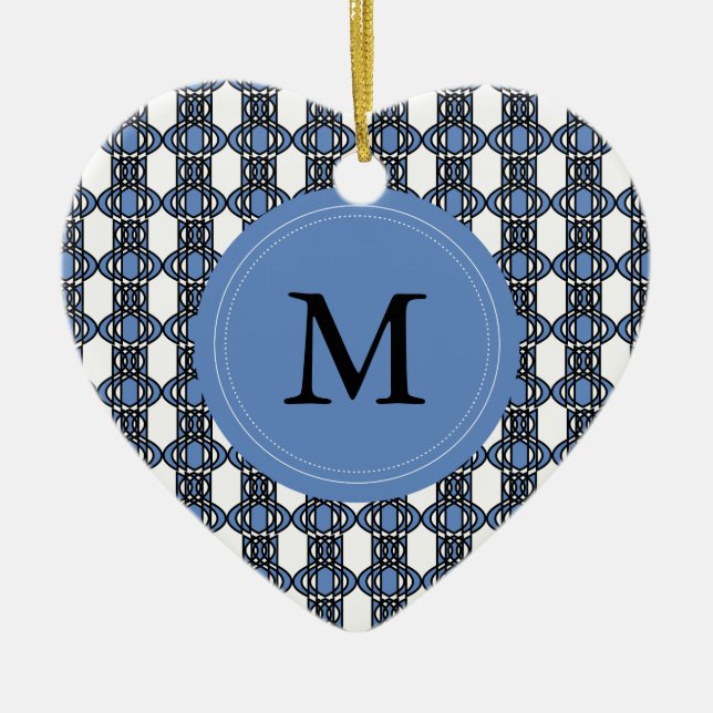 Custom Blue Abstract Scarab Pattern Monogram Ceramic Ornament (Front)